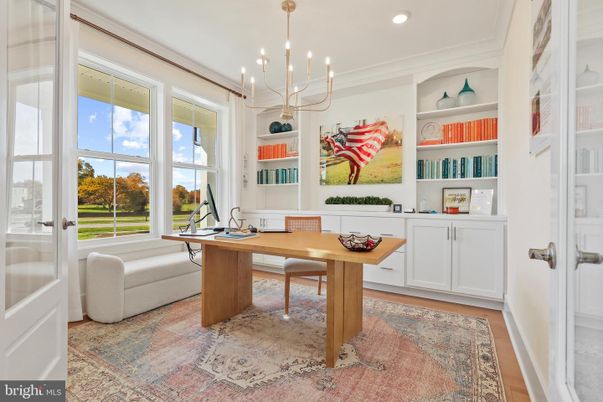 Chandelier, Home Office, Interior, Pendant Lights, Recessed Lighting, Wood Texture Flooring