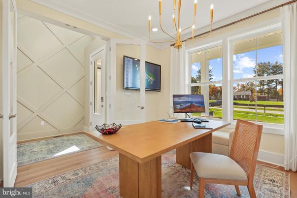 Chandelier, Home Office, Interior, Pendant Lights, Recessed Lighting, Wood Texture Flooring