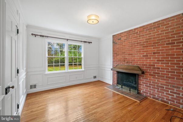 Empty room, Fireplace, Interior, Stone Walls, Wood Texture Flooring