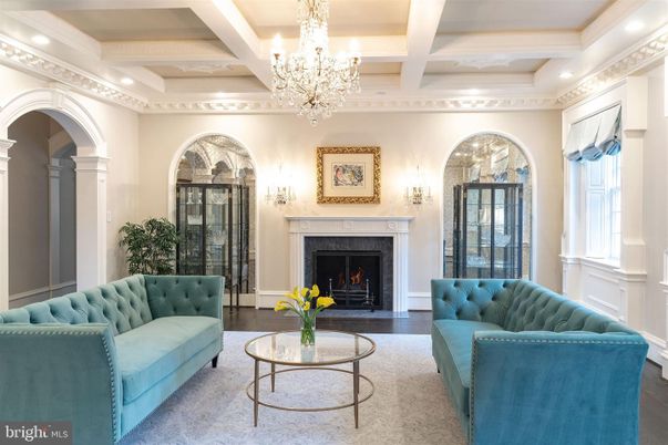 Chandelier, Fireplace, Interior, Living room, Recessed Lighting, Wood Texture Flooring