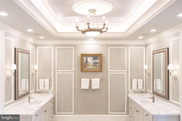Bathroom, Chandelier, Dual Sink Vanities, Interior, Recessed Lighting