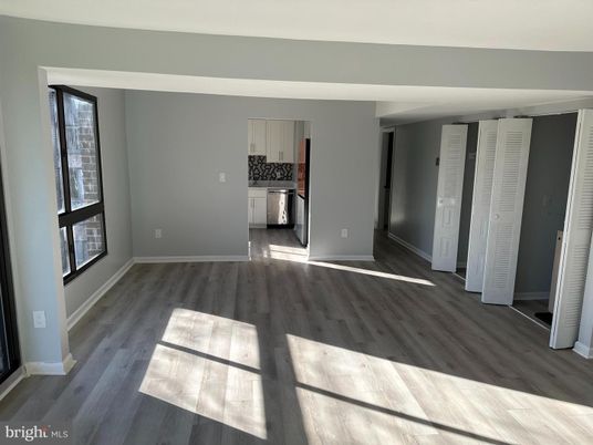 Empty room, Interior, Kitchen, Stainless Steel Appliances, Wood Texture Flooring