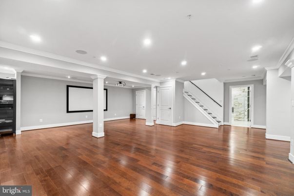 Empty room, Interior, Projection Screen, Recessed Lighting, Wood Texture Flooring