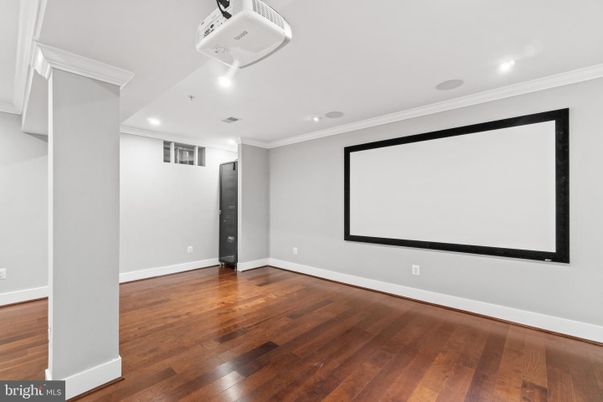 Empty room, Interior, Projection Screen, Recessed Lighting, Wood Texture Flooring