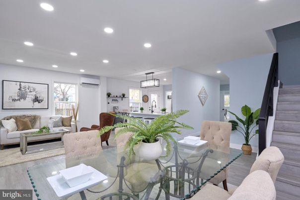 Dining room, Interior, Living room, Pendant Lights, Recessed Lighting, Wood Texture Flooring