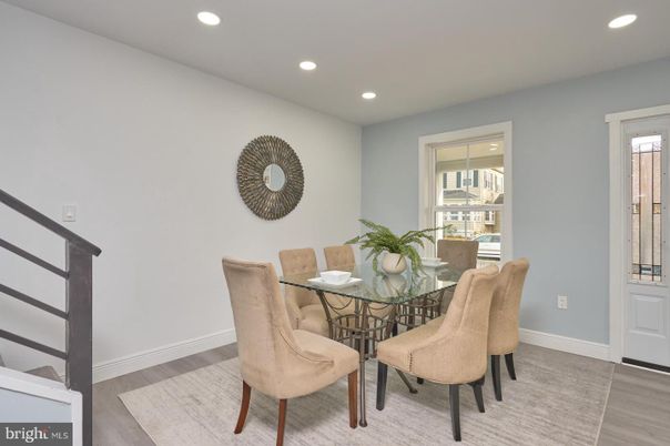 Dining room, Interior, Recessed Lighting, Wood Texture Flooring