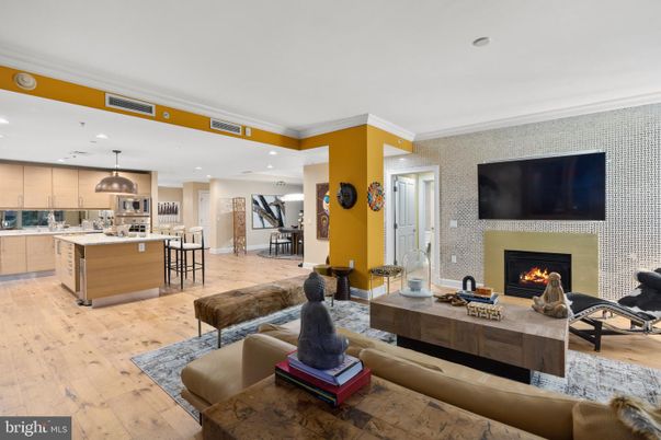 Fireplace, Interior, Kitchen, Living room, Pendant Lights, Recessed Lighting, Wood Texture Flooring