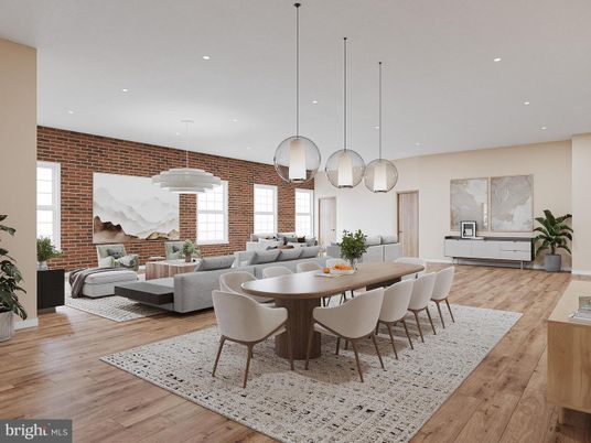 Dining room, Interior, Living room, Pendant Lights, Recessed Lighting, Stone Walls, Wood Texture Flooring