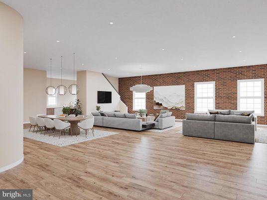 Dining room, Interior, Living room, Pendant Lights, Recessed Lighting, Stone Walls, Wood Texture Flooring