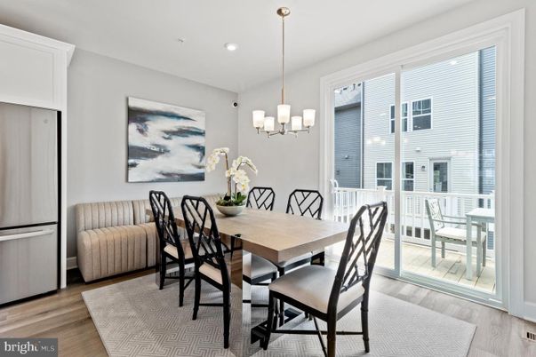 Dining room, Interior, Pendant Lights, Recessed Lighting, Wood Texture Flooring