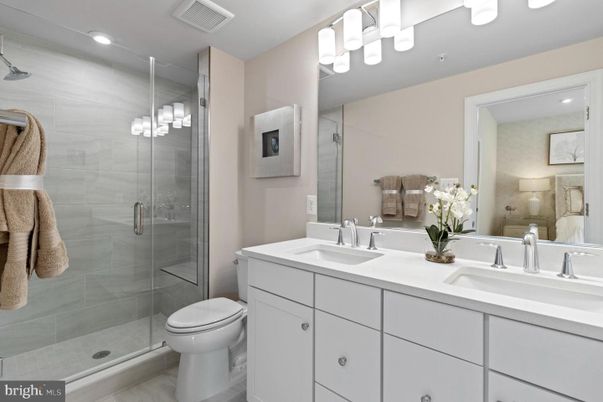 Bathroom, Dual Sink Vanities, Glass Shower, Interior, Recessed Lighting