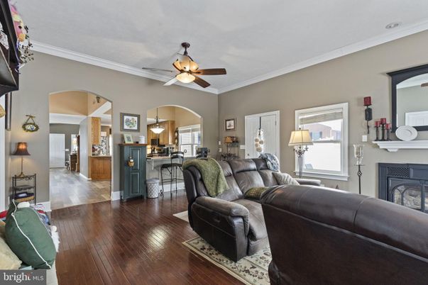 Fireplace, Interior, Kitchen, Living room, Pendant Lights, Wood Texture Flooring