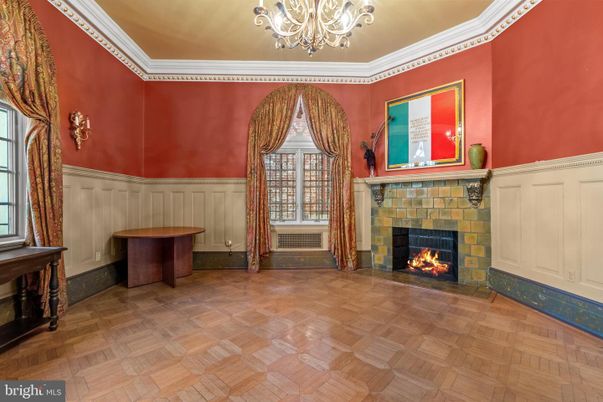 Chandelier, Fireplace, Interior
