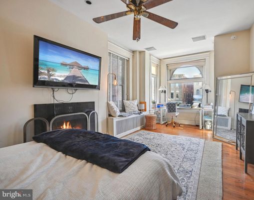 Bedroom, Fireplace, Home Office, Interior, Wood Texture Flooring