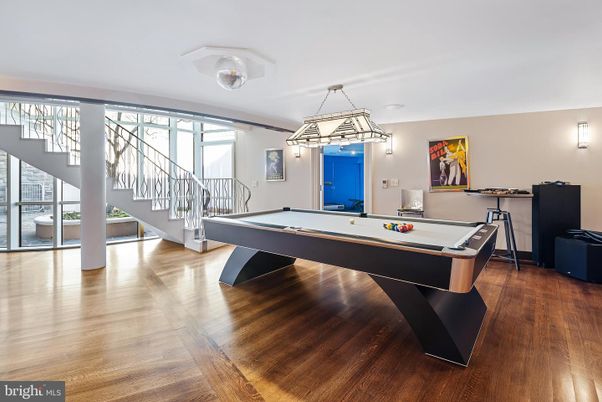 Billiard Table, Game Room, Interior, Pendant Lights, Wood Texture Flooring