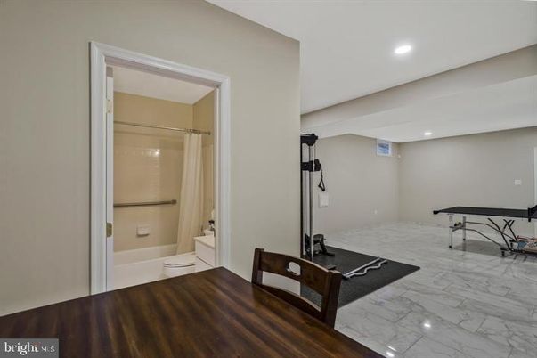 Bathroom, Interior, Marble, Recessed Lighting, Wood Texture Flooring