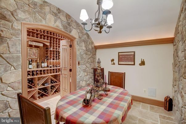 Chandelier, Dining room, Interior, Stone Walls, Wine Storage