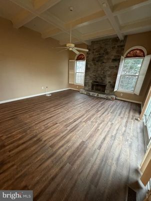 Empty room, Fireplace, Interior, Stone Walls, Wood Texture Flooring