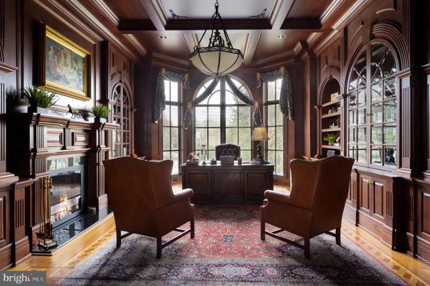 Fireplace, Home Office, Interior, Pendant Lights, Recessed Lighting, Wooden Beams, Wooden Ceilings, Wood Texture Flooring