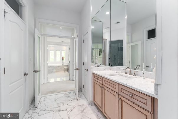 Bathroom, Dual Sink Vanities, Glass Shower, Interior, Marble, Recessed Lighting