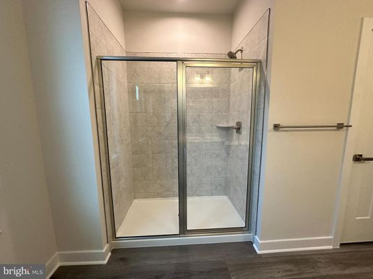 Bathroom, Glass Shower, Interior, Recessed Lighting, Wood Texture Flooring