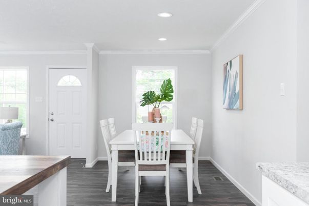 Dining room, Interior, Recessed Lighting, Wood Texture Flooring