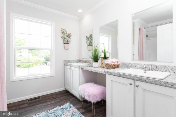 Bathroom, Dual Sink Vanities, Interior, Recessed Lighting, Wood Texture Flooring