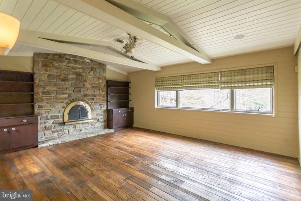 Empty room, Fireplace, Interior, Stone Walls, Wood Texture Flooring