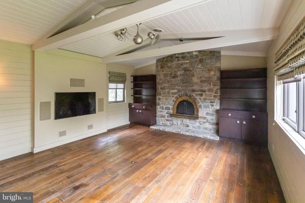 Empty room, Fireplace, Interior, Stone Walls, Wood Texture Flooring