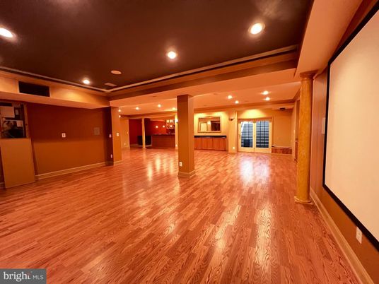 Empty room, Interior, Projection Screen, Recessed Lighting, Wood Texture Flooring