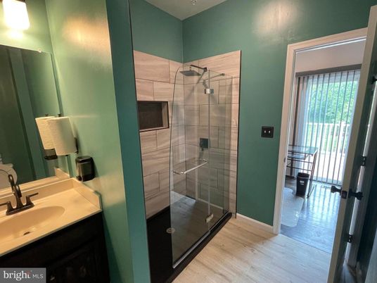 Bathroom, Glass Shower, Interior, Wood Texture Flooring