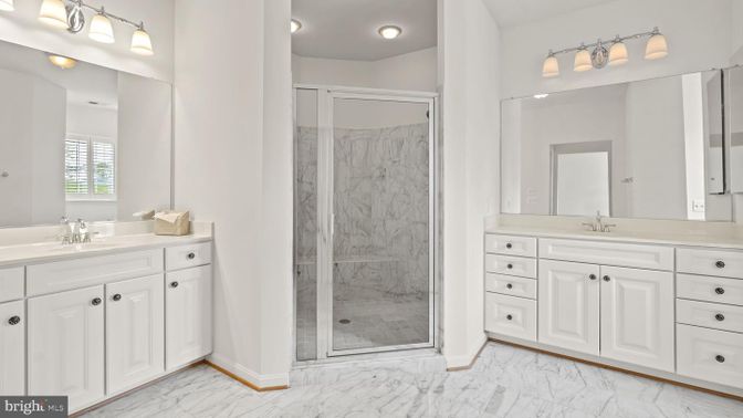 Bathroom, Dual Sink Vanities, Glass Shower, Interior, Marble, Marble Walls