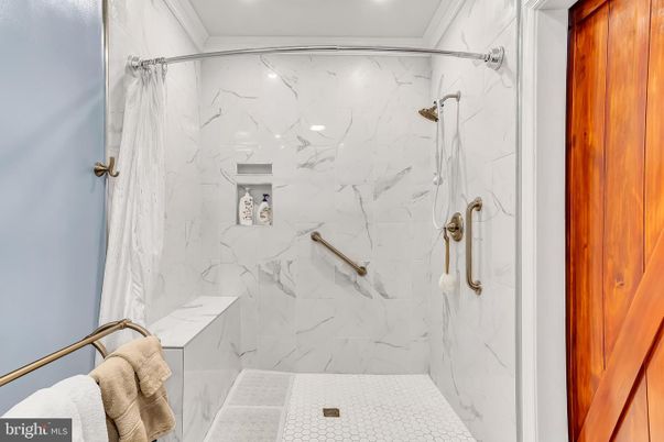 Bathroom, Glass Shower, Interior, Marble Walls, Recessed Lighting