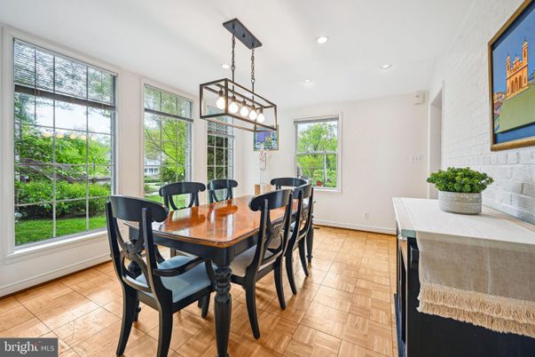 Dining room, Interior, Pendant Lights, Recessed Lighting, Wood Texture Flooring