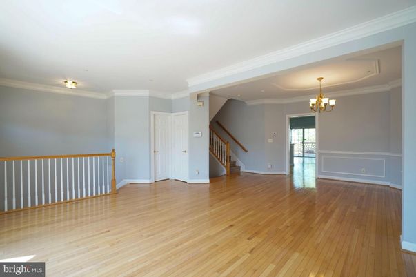 Chandelier, Empty room, Interior, Recessed Lighting, Wood Texture Flooring