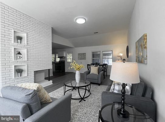 Dining room, Fireplace, Interior, Kitchen, Living room, Stone Walls, Wood Texture Flooring