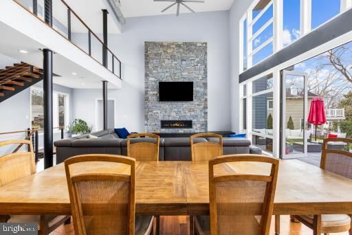 Dining room, Fireplace, Interior, Living room, Stone Walls