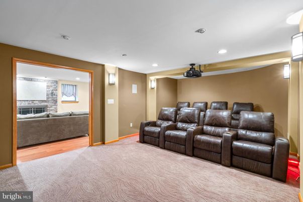Home Theatre Room, Fireplace, Interior, Recessed Lighting, Theatre Room, Wood Texture Flooring