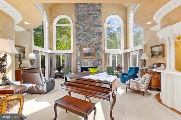 Fireplace, Interior, Living room, Piano, Recessed Lighting, Stone Walls