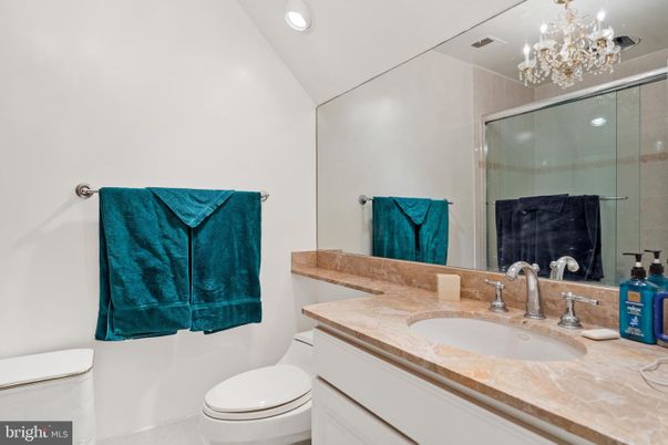 Bathroom, Chandelier, Glass Shower, Interior, Recessed Lighting