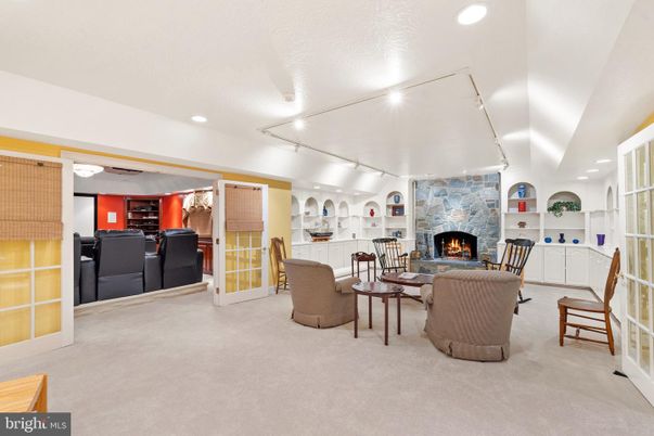 Dining room, Fireplace, Interior, Living room, Recessed Lighting, Stone Walls