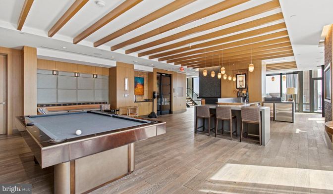 Billiard Table, Game Room, Interior, Kitchen, Pendant Lights, Recessed Lighting, Wooden Beams, Wood Texture Flooring