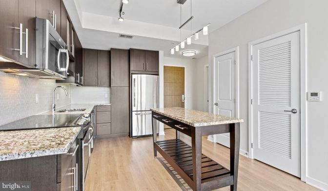 Interior, Kitchen, Pendant Lights, Stainless Steel Appliances, Wood Texture Flooring