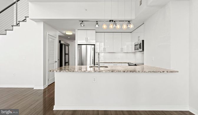 Interior, Kitchen, Pendant Lights, Stainless Steel Appliances, Wood Texture Flooring