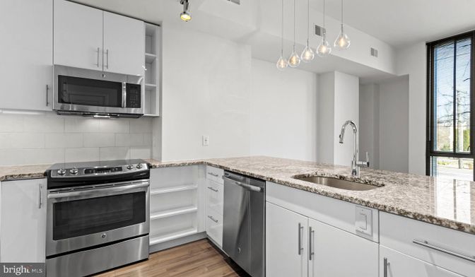 Interior, Kitchen, Pendant Lights, Stainless Steel Appliances, Wood Texture Flooring
