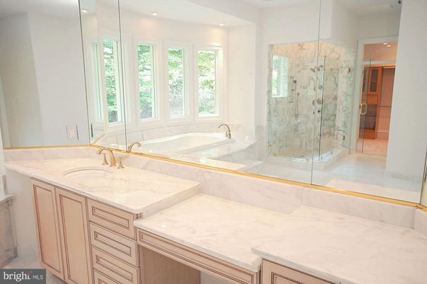 Bathroom, Glass Shower, Interior, Marble Walls, Recessed Lighting