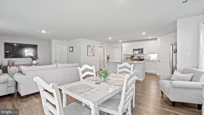 Dining room, Interior, Kitchen, Living room, Recessed Lighting, Stainless Steel Appliances, Wood Texture Flooring