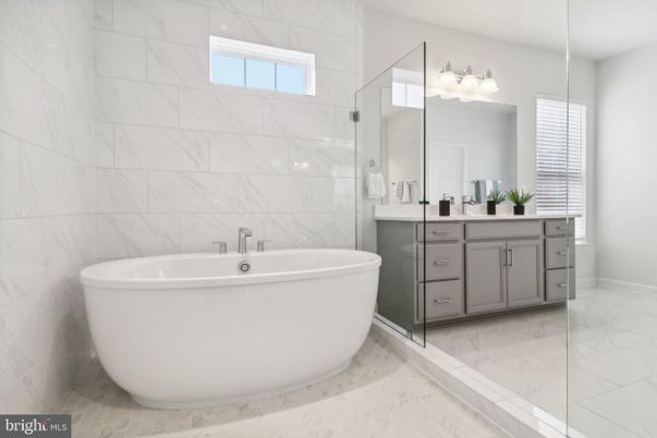 Bathroom, Dual Sink Vanities, Free Standing Baths, Glass Shower, Interior, Marble, Marble Walls