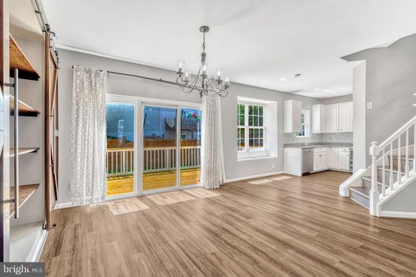 Chandelier, Empty room, Interior, Kitchen, Recessed Lighting, Wood Texture Flooring