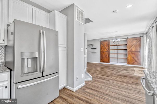 Chandelier, Interior, Kitchen, Recessed Lighting, Stainless Steel Appliances, Wood Texture Flooring